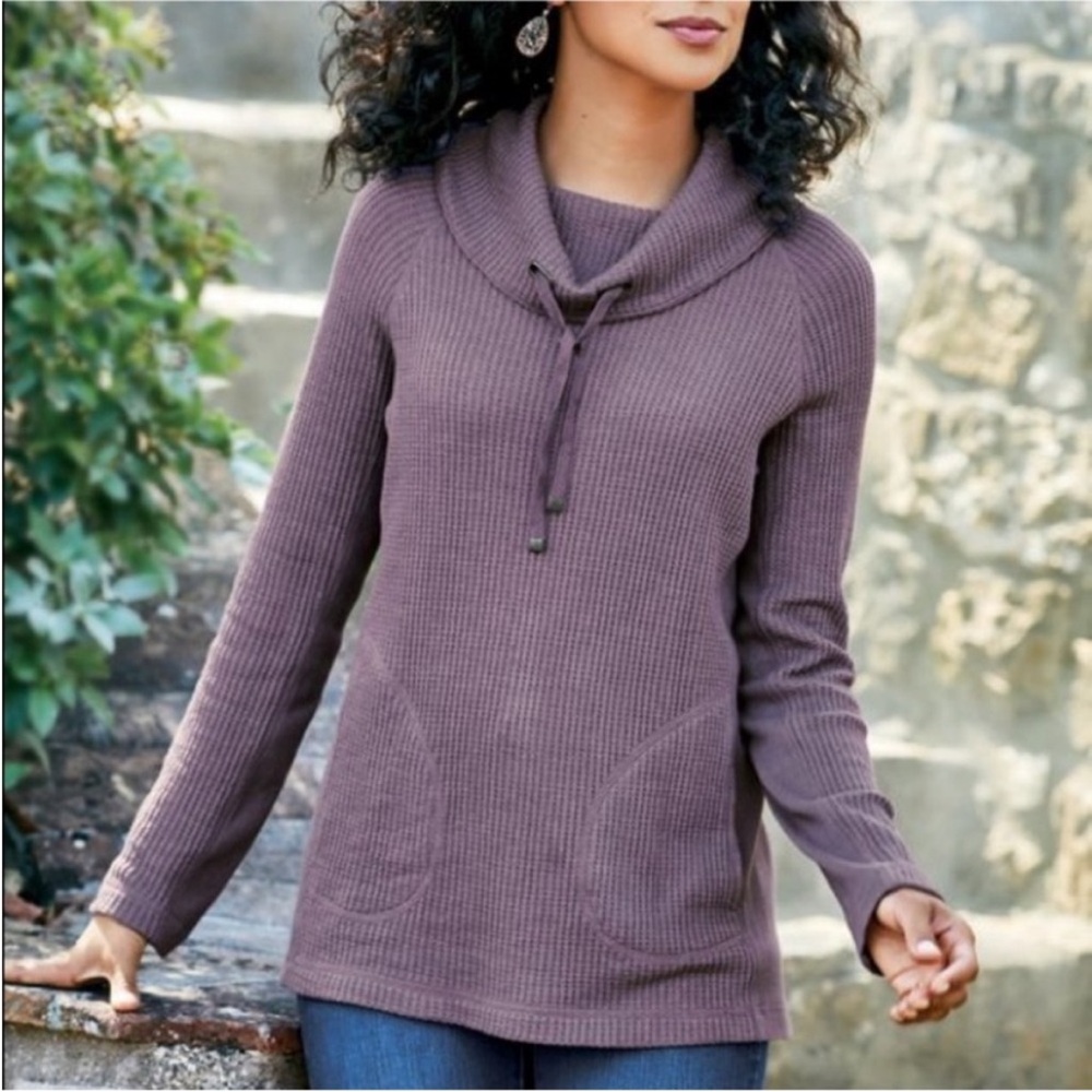 Soft Surroundings Sky Cowl Neck Pullover Long Sleeve Waffle Knit Sweater.